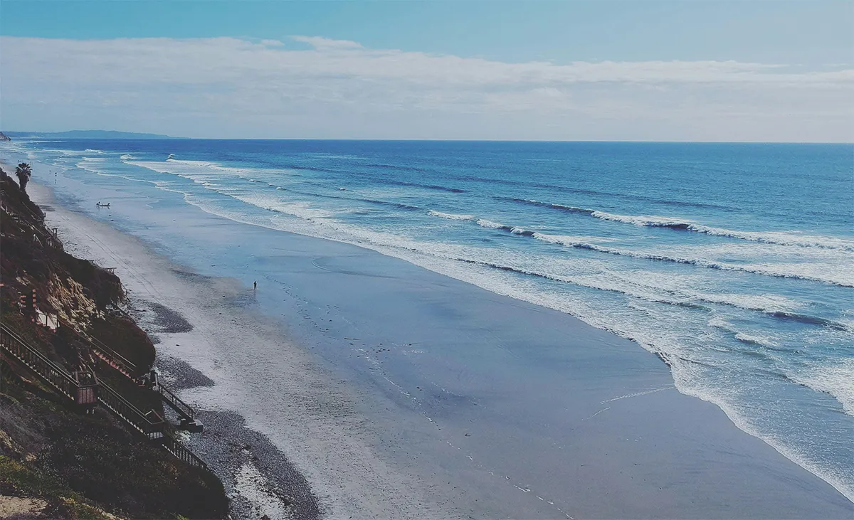 Coastal view of the ocean with waves and a sandy beach
